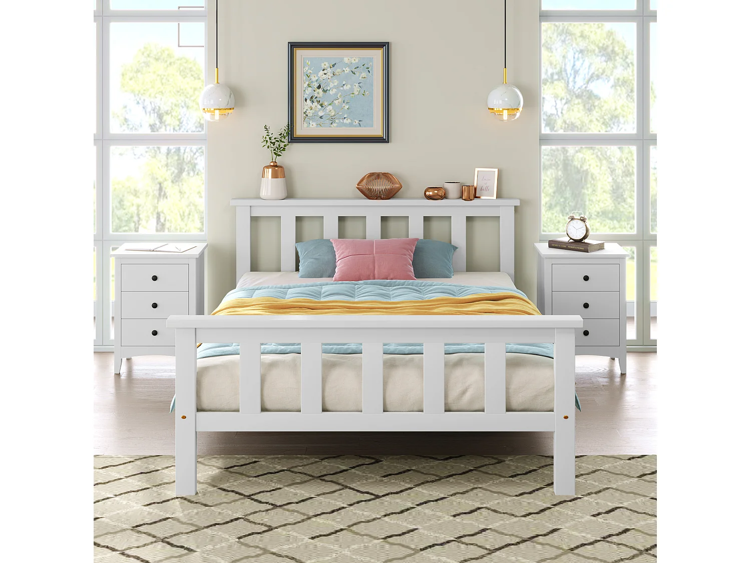 Lit 90x200 cm en Pin Massif, Structure Solide, Design Compact, Sommier à Lattes Inclus, Sans Matelas, Blanc
