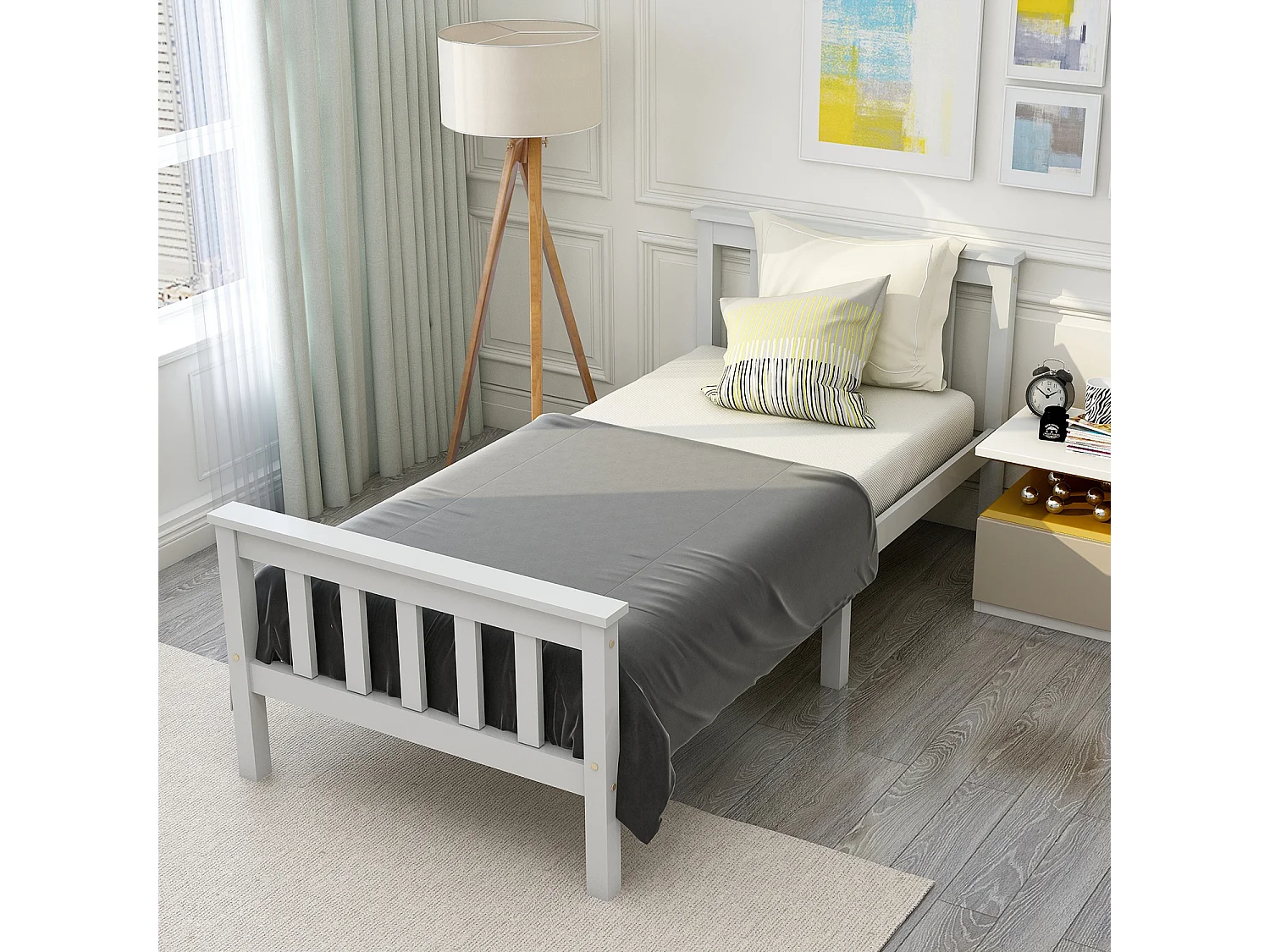 Lit 90x200 cm en Pin Massif, Structure Solide, Design Compact, Sommier à Lattes Inclus, Sans Matelas, Blanc
