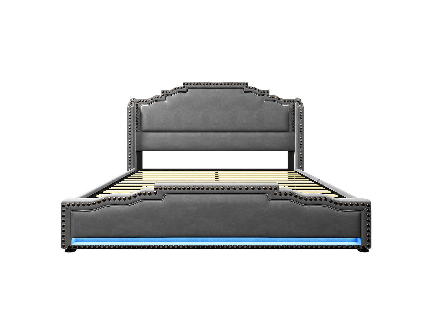 Lit 160x200 cm, lit tapissé avec 4 tiroirs, LED télécommandable, USB-C, velours gris, sans matelas