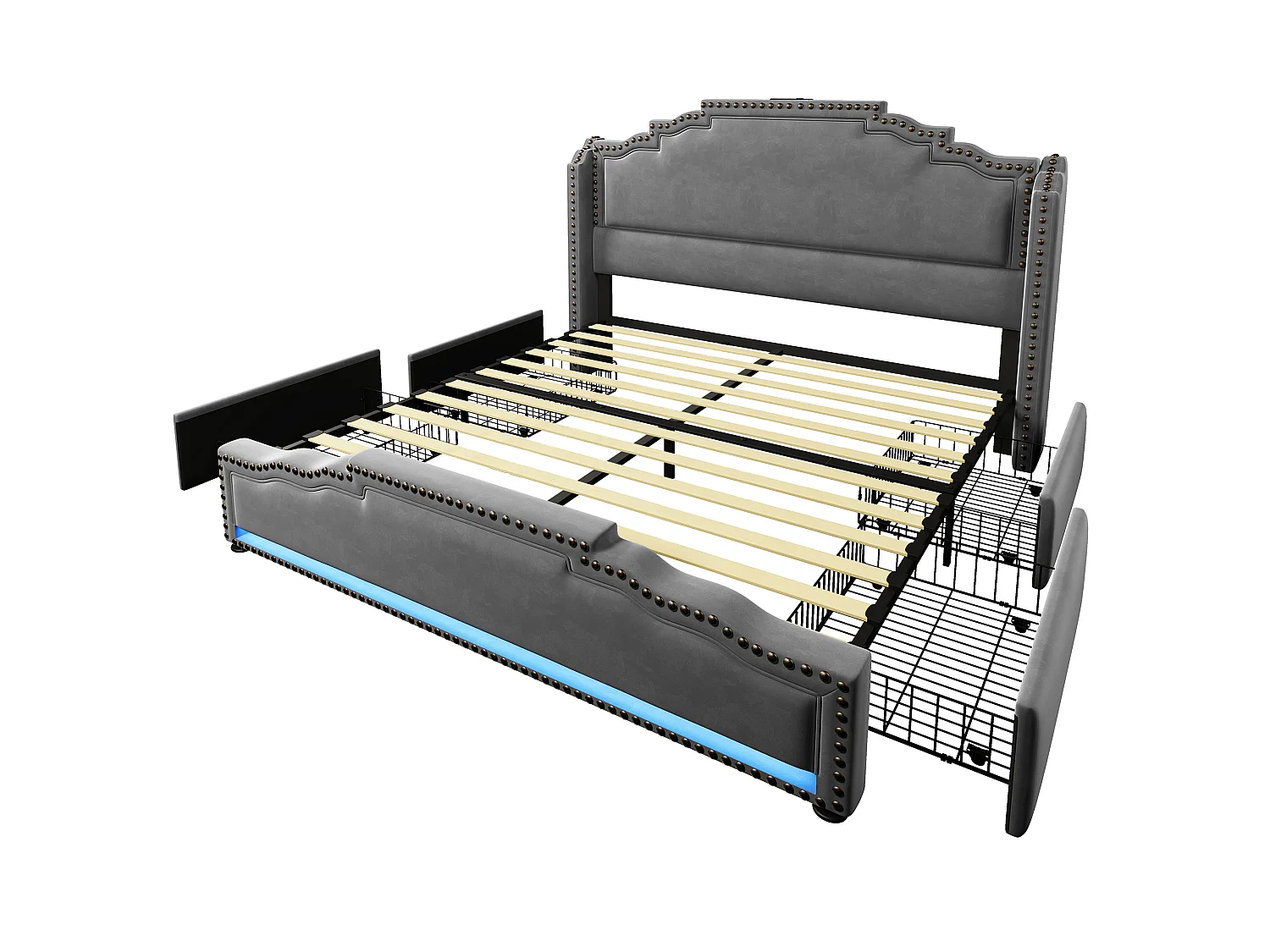 Lit 160x200 cm, lit tapissé avec 4 tiroirs, LED télécommandable, USB-C, velours gris, sans matelas