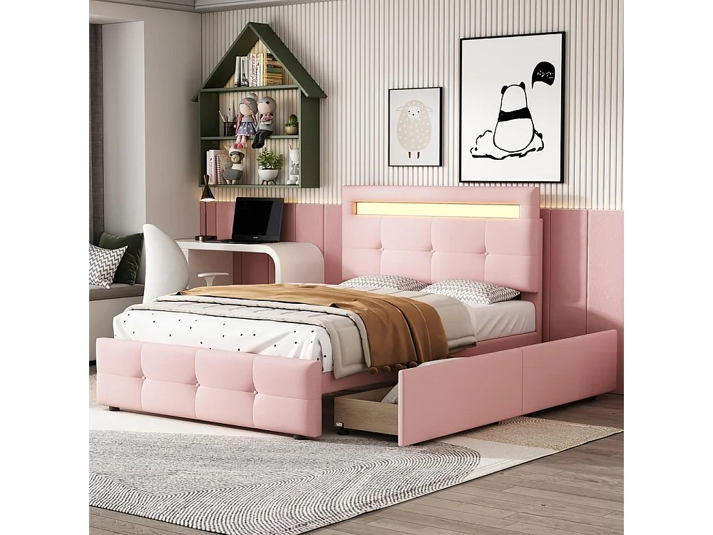 Lit tapissé 90x200 cm, LED télécommande, 2 tiroirs, revêtement lin doux, sommier lattes, enfant ado invité, rose