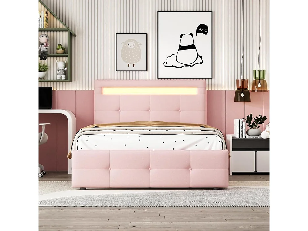 Lit tapissé 90x200 cm, LED télécommande, 2 tiroirs, revêtement lin doux, sommier lattes, enfant ado invité, rose