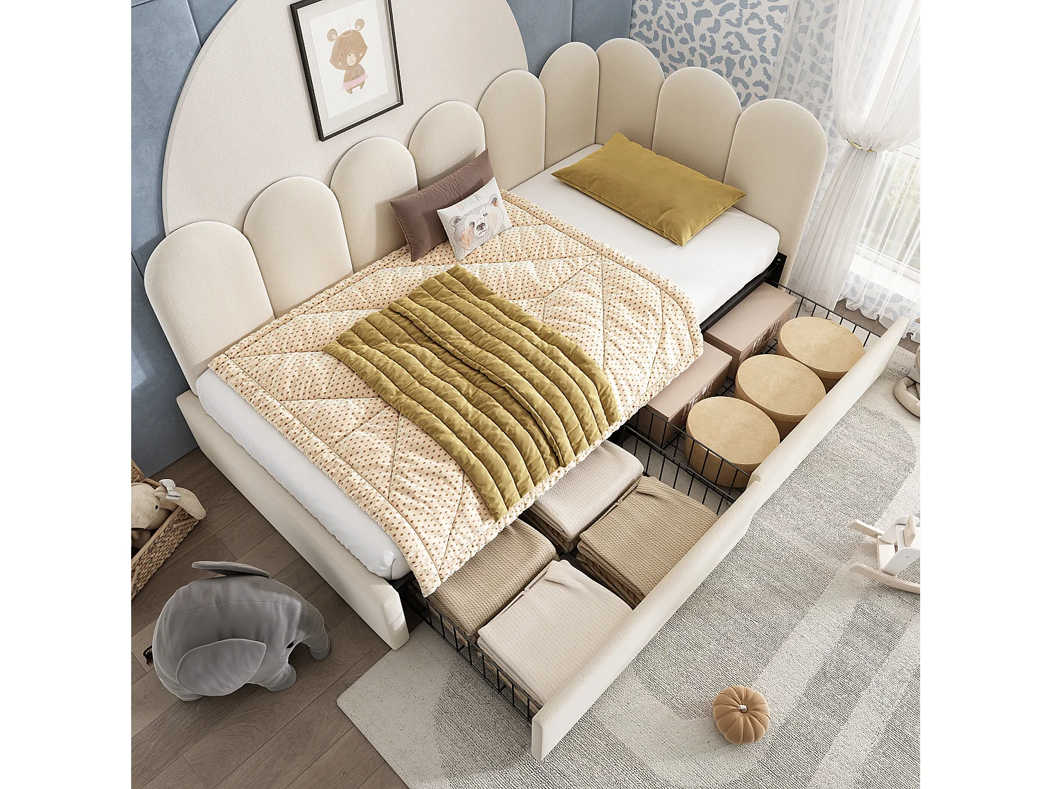 Lit de jour 90x190 cm beige en velours avec 2 tiroirs, sommier à lattes, lit simple rembourré sans matelas