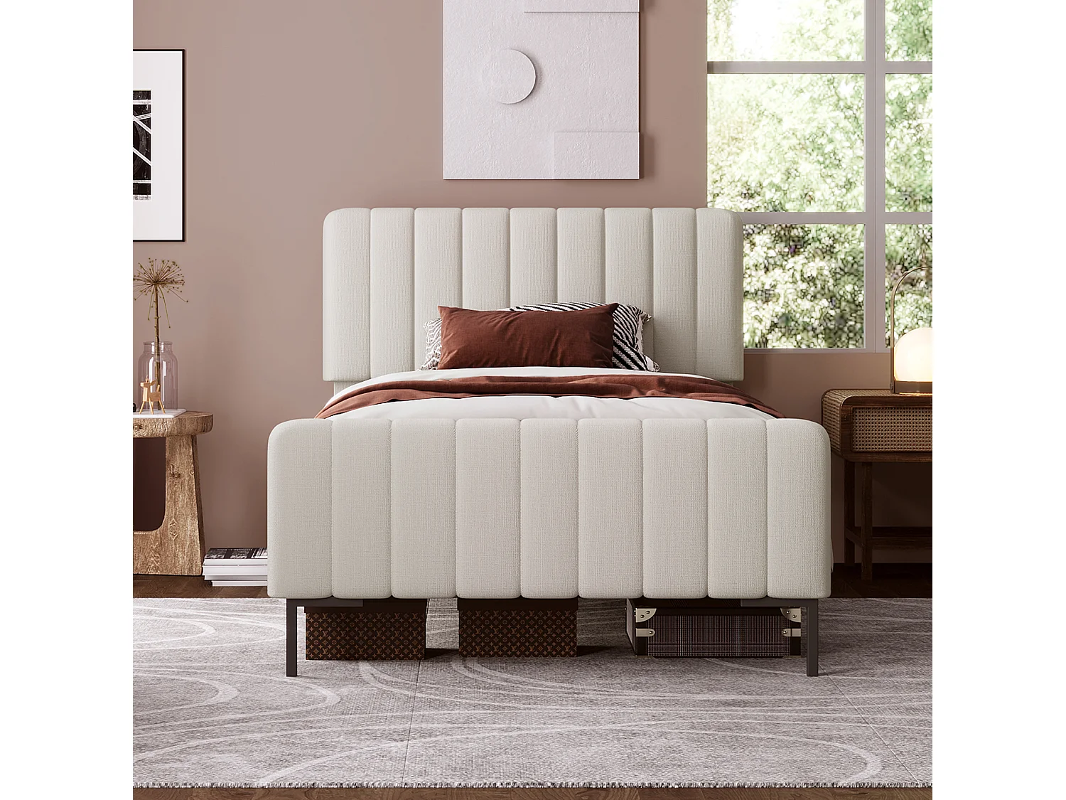 Lit Simple Gris-Beige Lin, Têtière Réglable 55cm, Cadre Lattes Pin 100%, Pieds Métal Stabiles, Anti-Dérapant, Sans Matelas,90x200cm