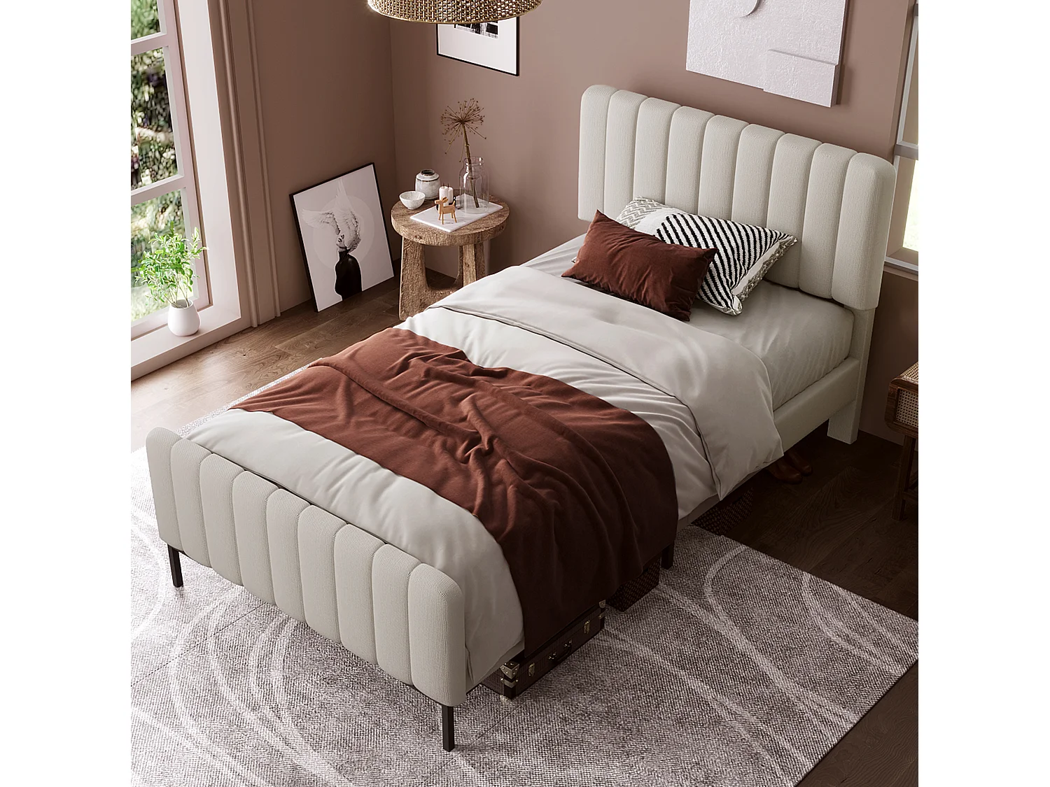 Lit Simple Gris-Beige Lin, Têtière Réglable 55cm, Cadre Lattes Pin 100%, Pieds Métal Stabiles, Anti-Dérapant, Sans Matelas,90x200cm