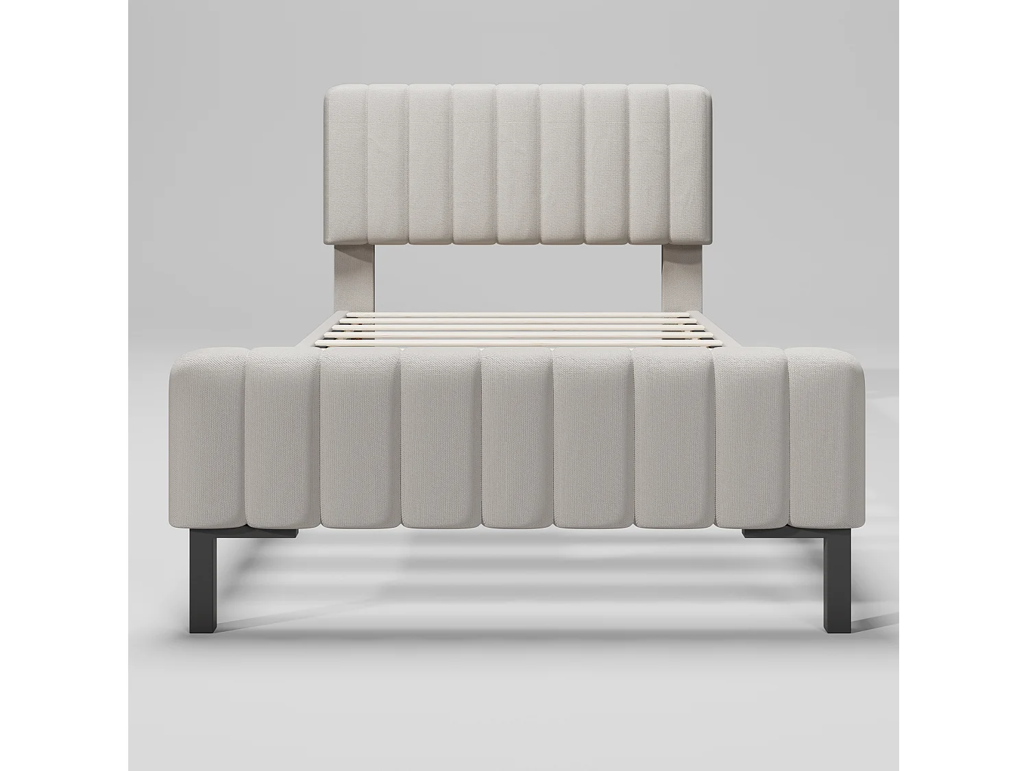 Lit Simple Gris-Beige Lin, Têtière Réglable 55cm, Cadre Lattes Pin 100%, Pieds Métal Stabiles, Anti-Dérapant, Sans Matelas,90x200cm