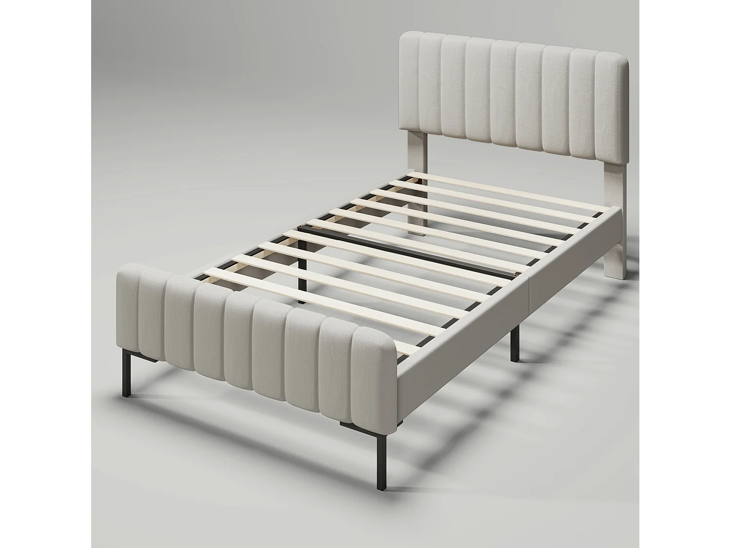 Lit Simple Gris-Beige Lin, Têtière Réglable 55cm, Cadre Lattes Pin 100%, Pieds Métal Stabiles, Anti-Dérapant, Sans Matelas,90x200cm