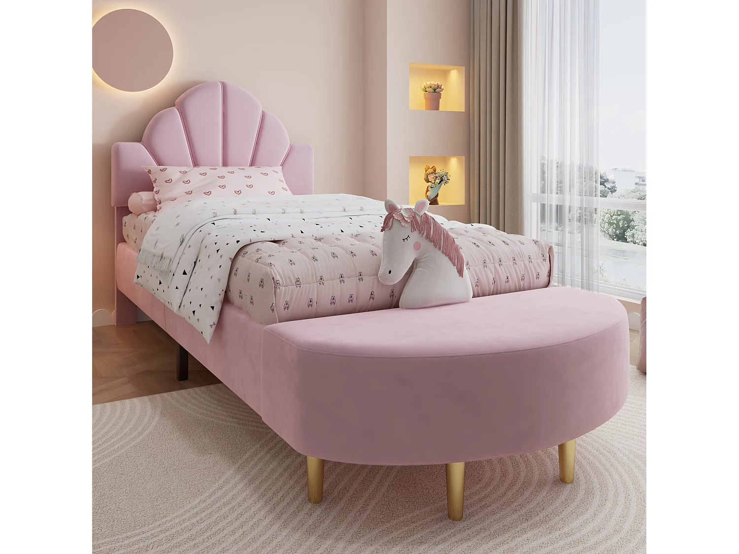 Lit simple rembourré 90x200 cm, tête de lit en velours, banquette assortie, bords antichoc, cadre stable, rose