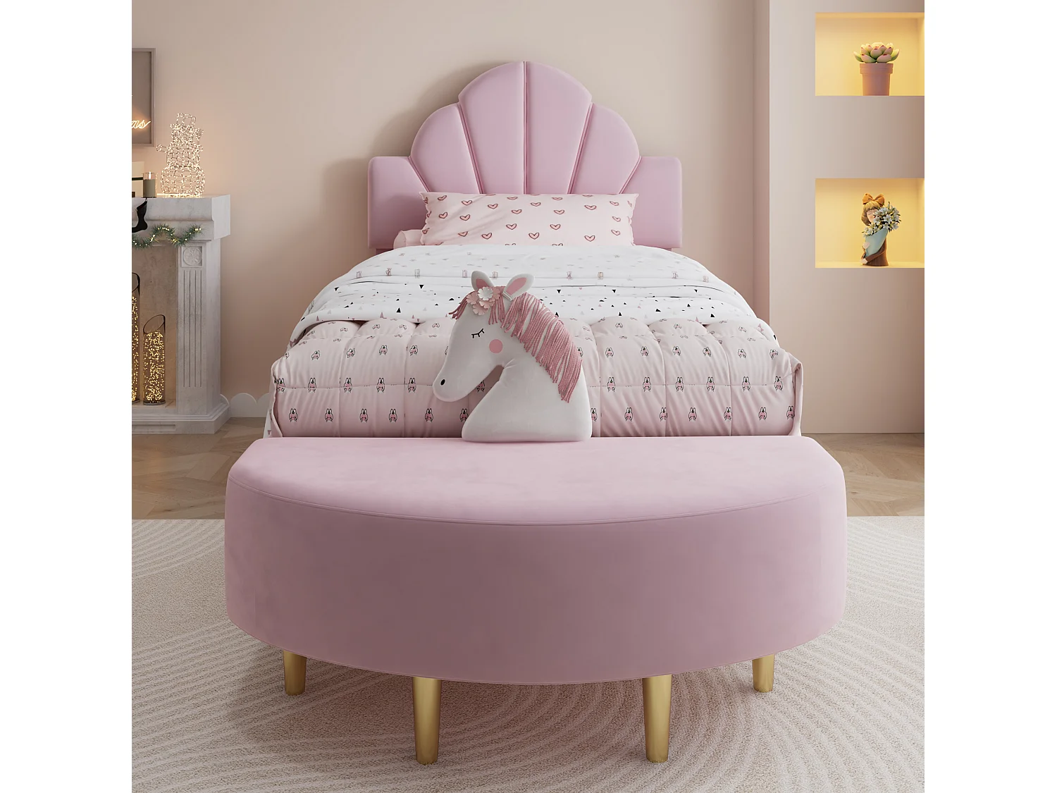 Lit simple rembourré 90x200 cm, tête de lit en velours, banquette assortie, bords antichoc, cadre stable, rose