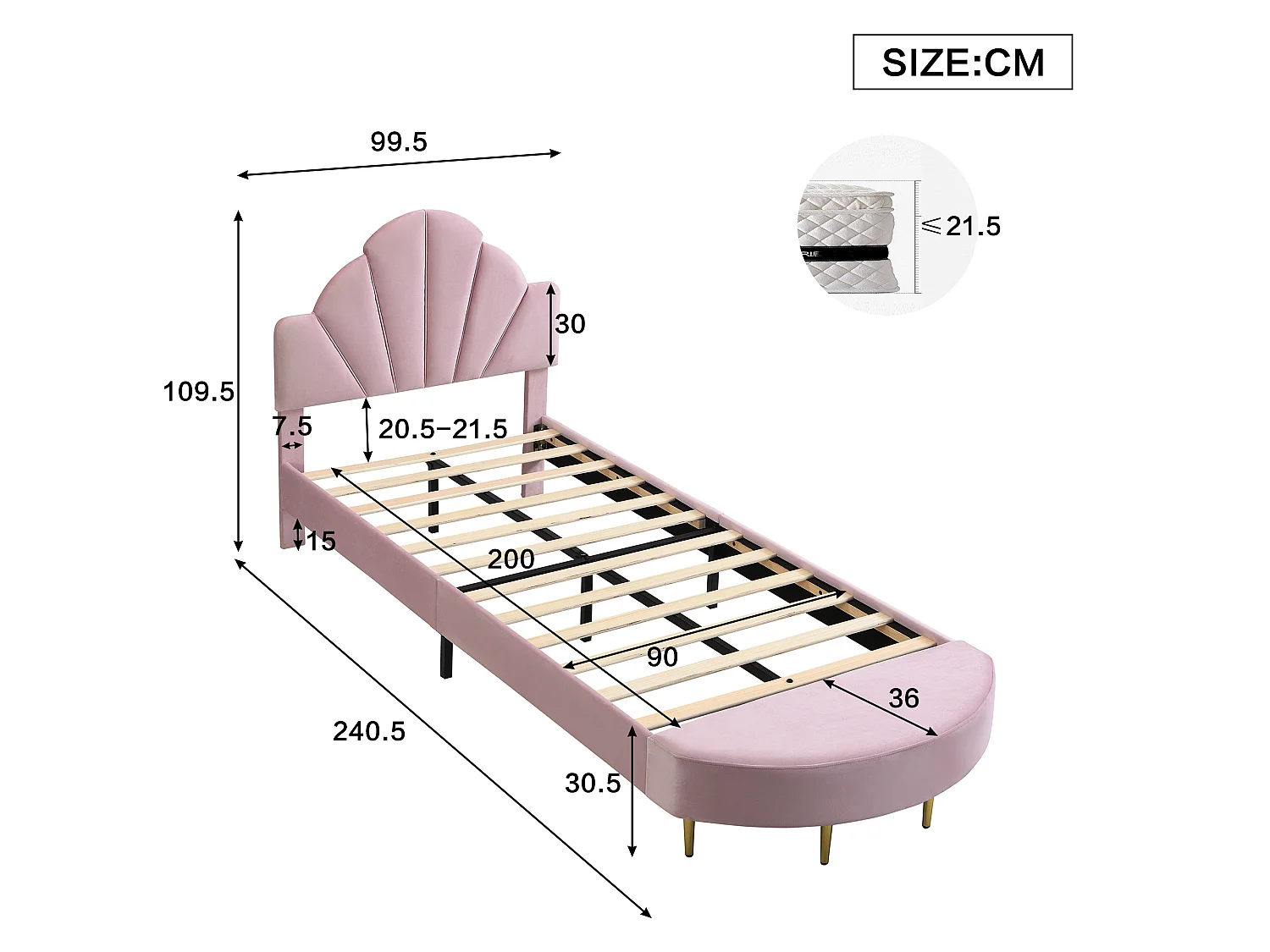 Lit simple rembourré 90x200 cm, tête de lit en velours, banquette assortie, bords antichoc, cadre stable, rose