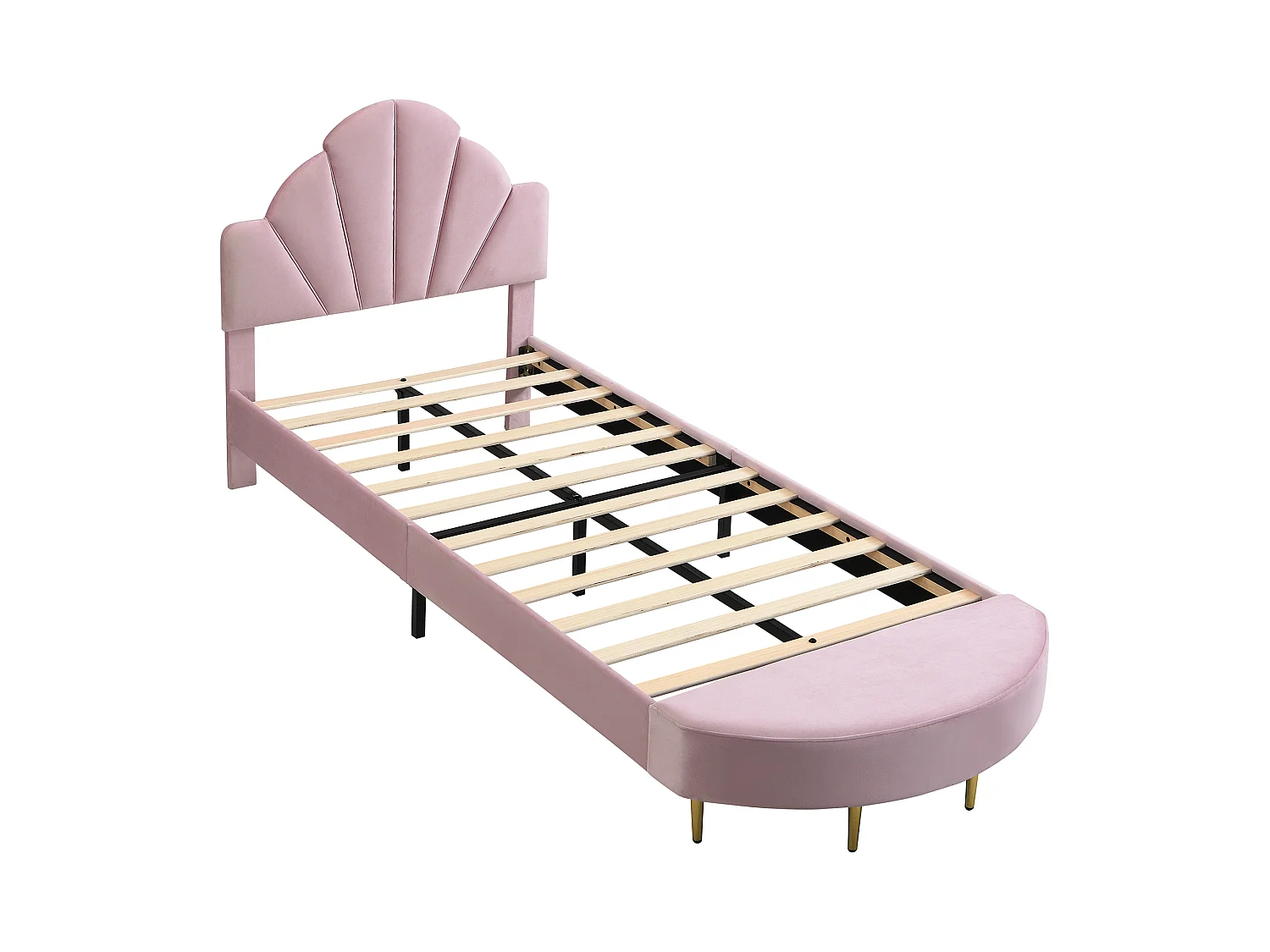 Lit simple rembourré 90x200 cm, tête de lit en velours, banquette assortie, bords antichoc, cadre stable, rose