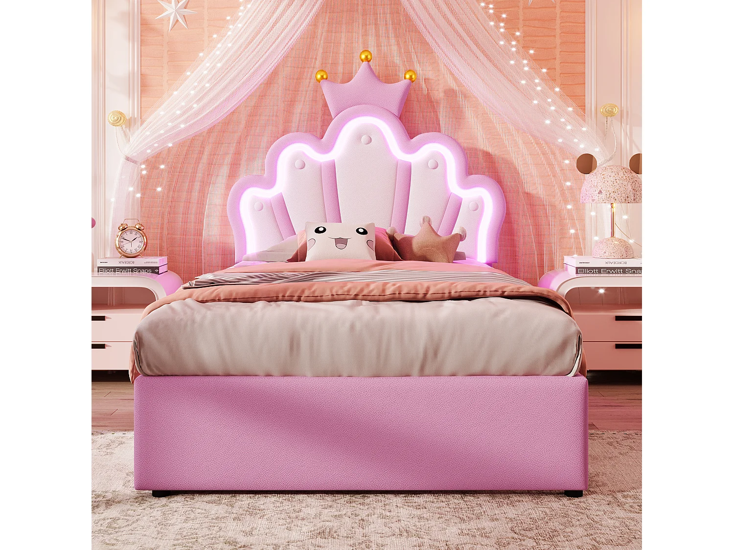 Lit simple rembourré 90x200 cm, tête de lit couronne réglable, LED, 2 tiroirs, lit princesse en PU, rose