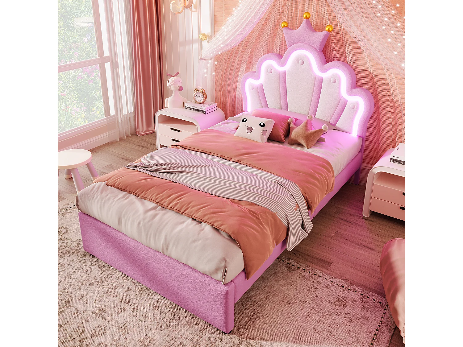 Lit simple rembourré 90x200 cm, tête de lit couronne réglable, LED, 2 tiroirs, lit princesse en PU, rose