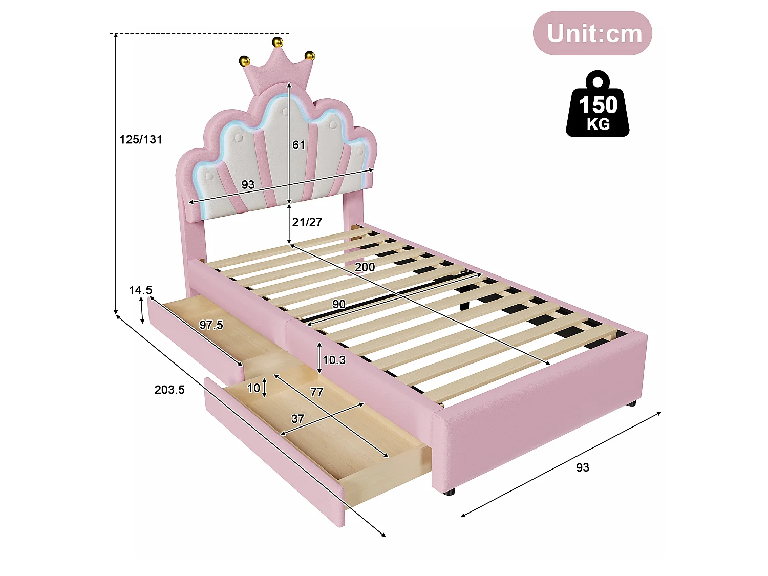 Lit simple rembourré 90x200 cm, tête de lit couronne réglable, LED, 2 tiroirs, lit princesse en PU, rose