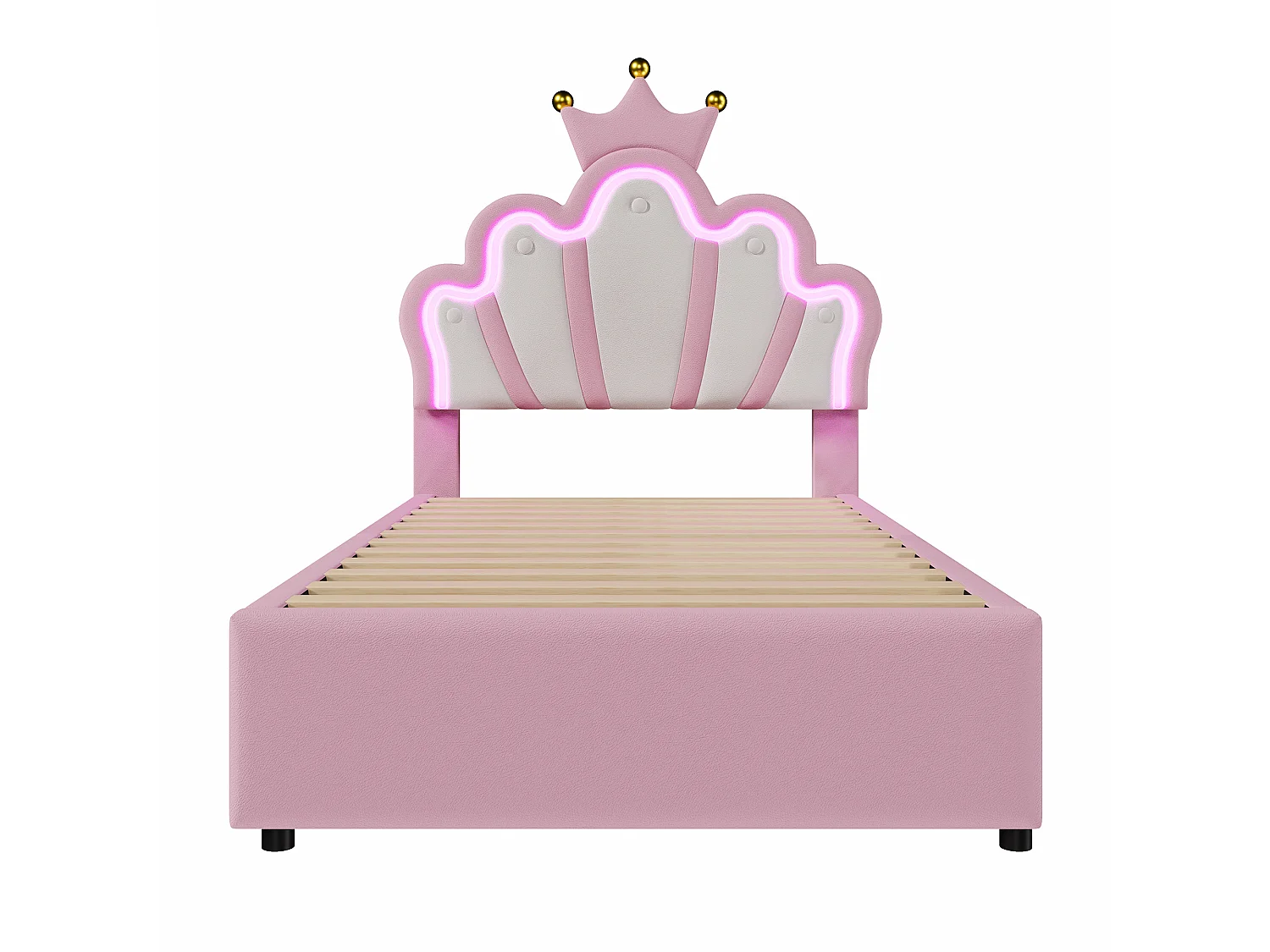 Lit simple rembourré 90x200 cm, tête de lit couronne réglable, LED, 2 tiroirs, lit princesse en PU, rose