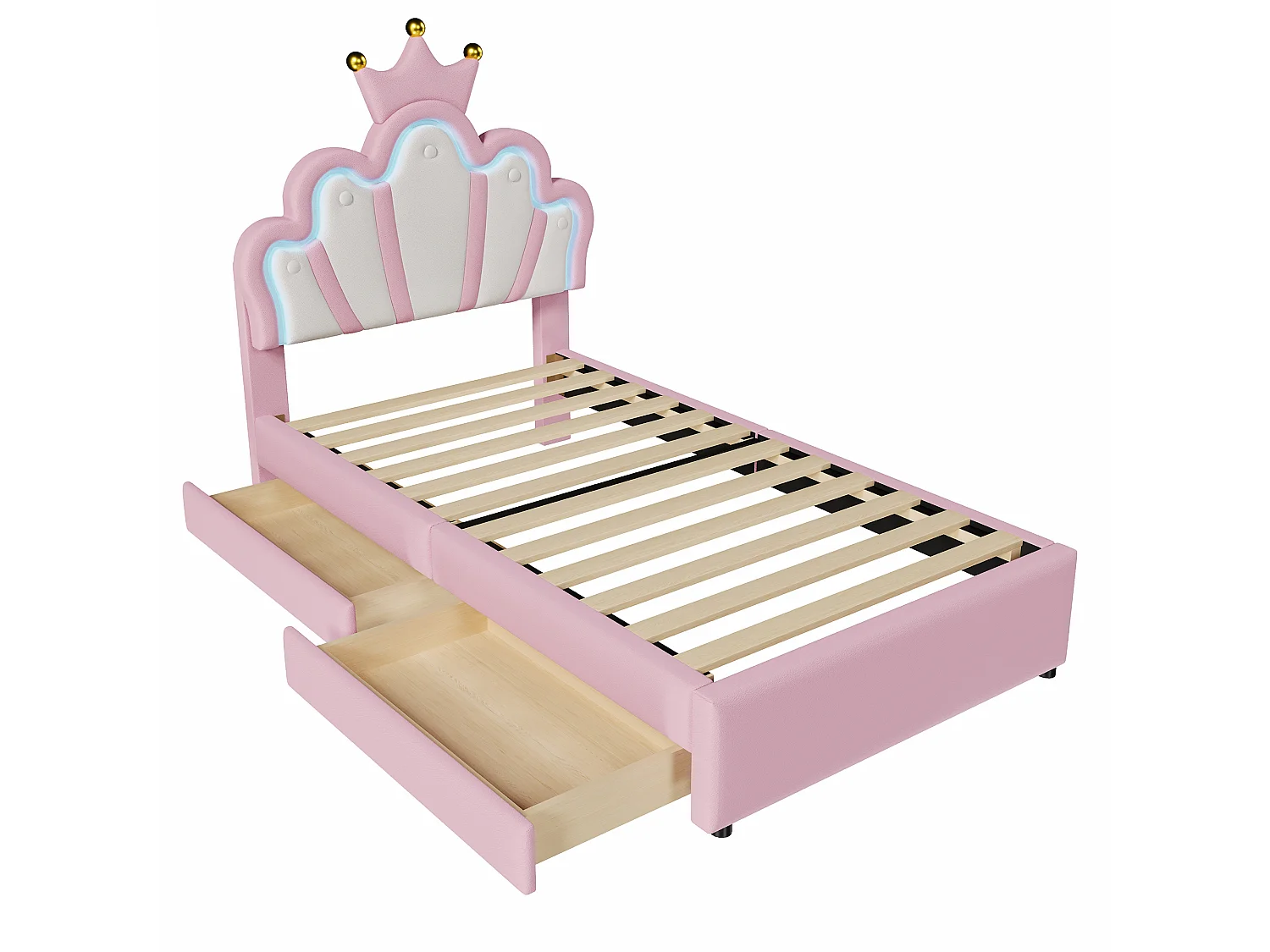 Lit simple rembourré 90x200 cm, tête de lit couronne réglable, LED, 2 tiroirs, lit princesse en PU, rose