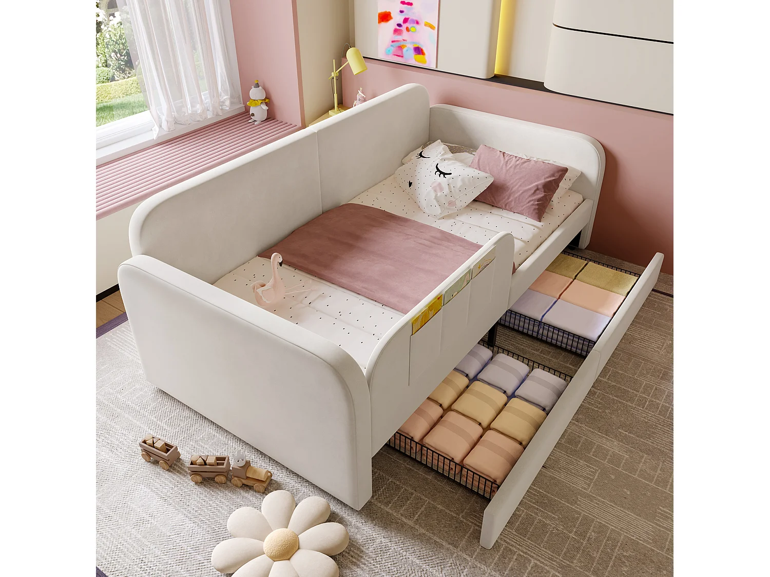 Lit enfant tapissier 90x200 cm, lit d'appoint avec 2 tiroirs à roulettes, 3 poches, cadre métal, velours blanc