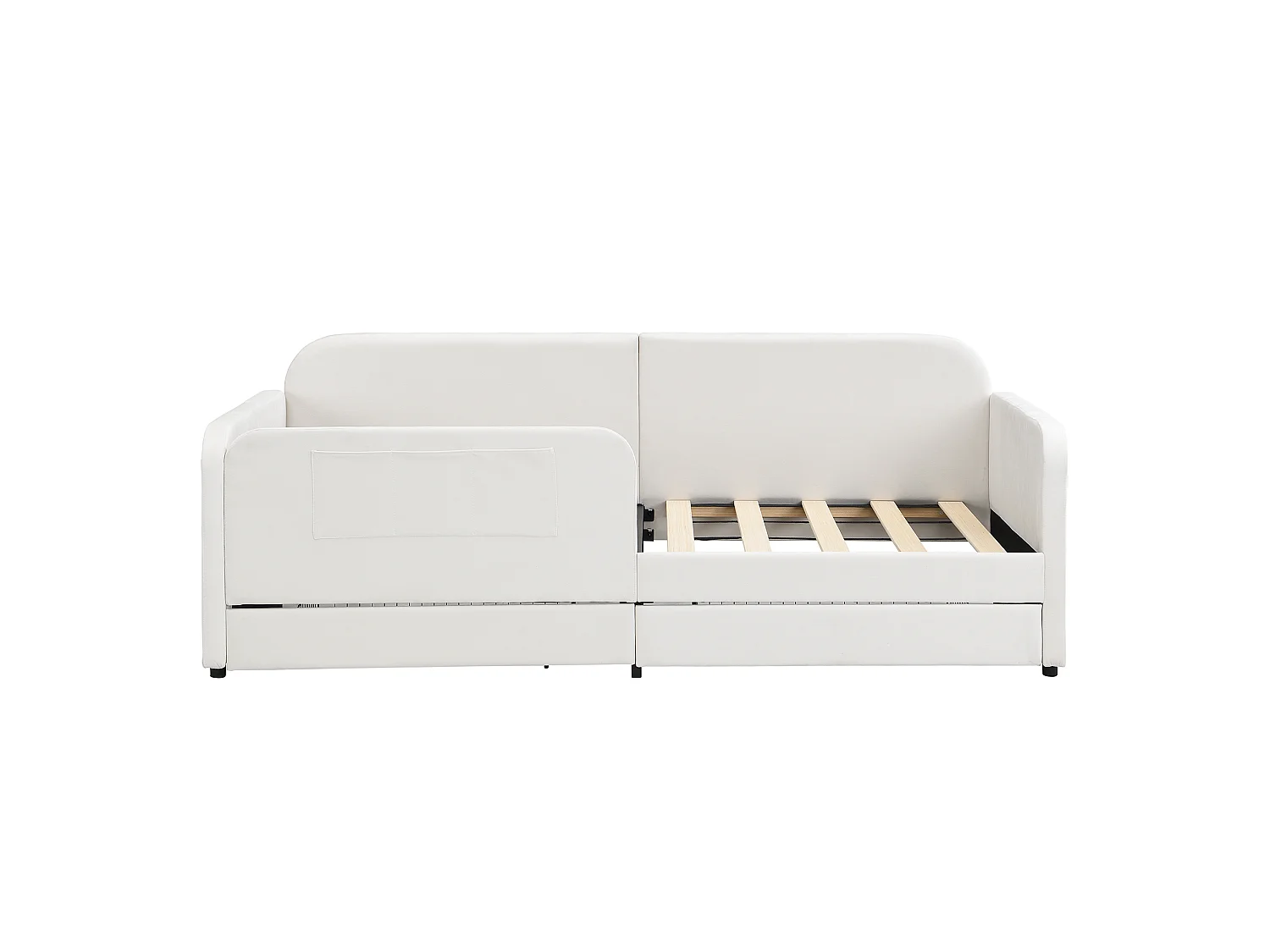 Lit enfant tapissier 90x200 cm, lit d'appoint avec 2 tiroirs à roulettes, 3 poches, cadre métal, velours blanc