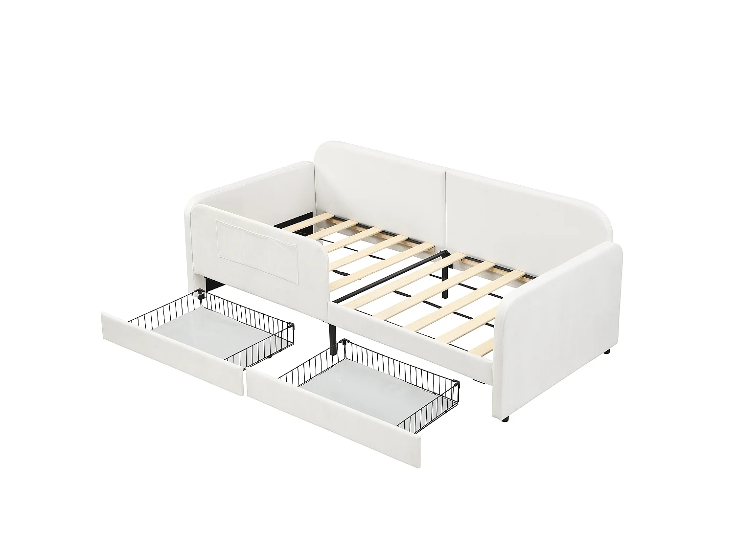 Lit enfant tapissier 90x200 cm, lit d'appoint avec 2 tiroirs à roulettes, 3 poches, cadre métal, velours blanc