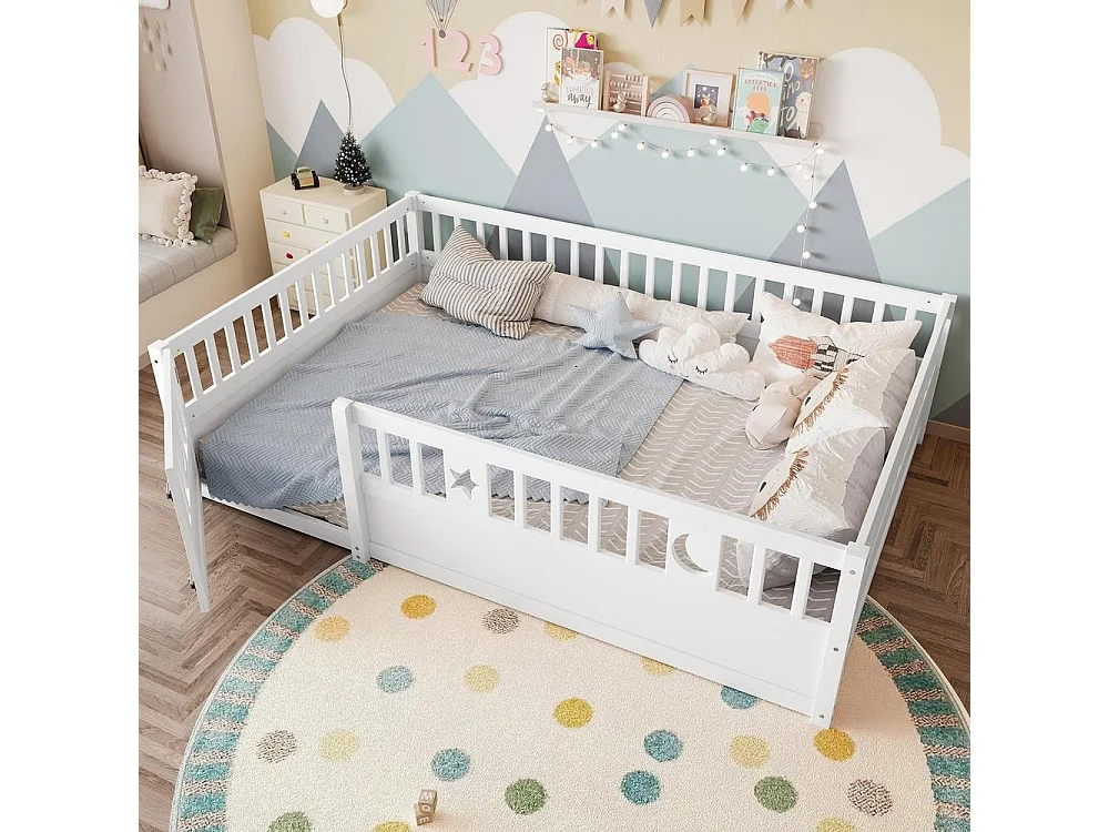 Lit enfant 140x190 cm avec barrières de sécurité, décoration étoiles et lune, verrouillage sécurisé, cadre en pin, blanc