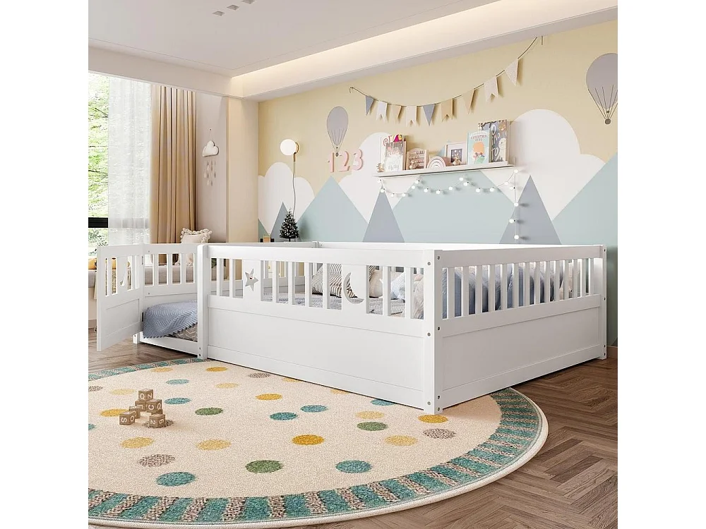 Lit enfant 140x190 cm avec barrières de sécurité, décoration étoiles et lune, verrouillage sécurisé, cadre en pin, blanc