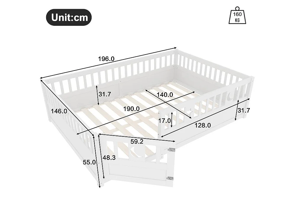 Lit enfant 140x190 cm avec barrières de sécurité, décoration étoiles et lune, verrouillage sécurisé, cadre en pin, blanc