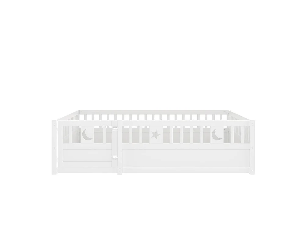 Lit enfant 140x190 cm avec barrières de sécurité, décoration étoiles et lune, verrouillage sécurisé, cadre en pin, blanc