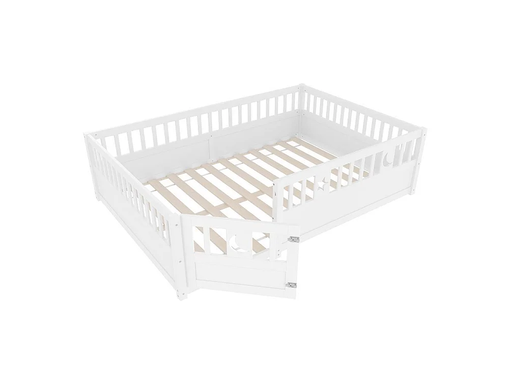 Lit enfant 140x190 cm avec barrières de sécurité, décoration étoiles et lune, verrouillage sécurisé, cadre en pin, blanc