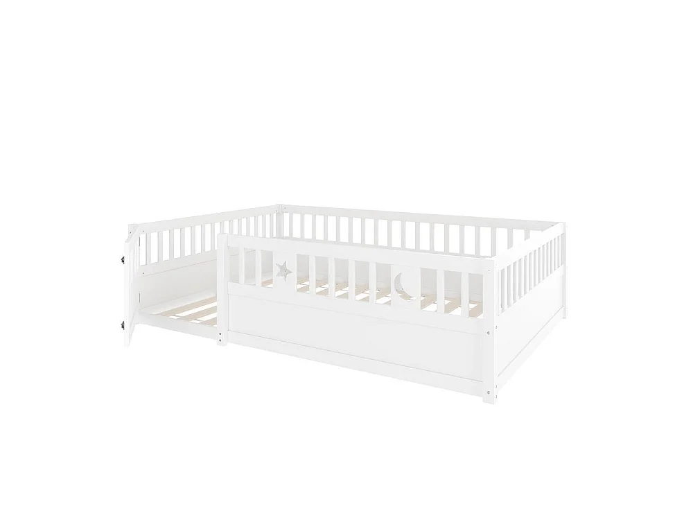 Lit enfant 140x190 cm avec barrières de sécurité, décoration étoiles et lune, verrouillage sécurisé, cadre en pin, blanc