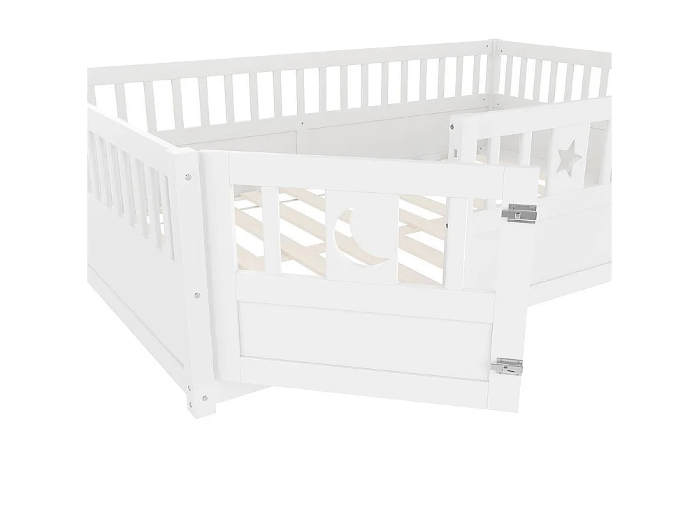 Lit enfant 140x190 cm avec barrières de sécurité, décoration étoiles et lune, verrouillage sécurisé, cadre en pin, blanc
