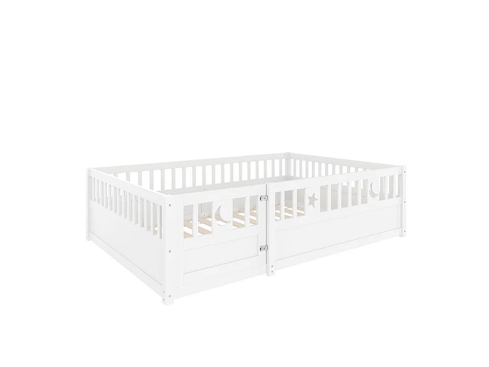 Lit enfant 140x190 cm avec barrières de sécurité, décoration étoiles et lune, verrouillage sécurisé, cadre en pin, blanc