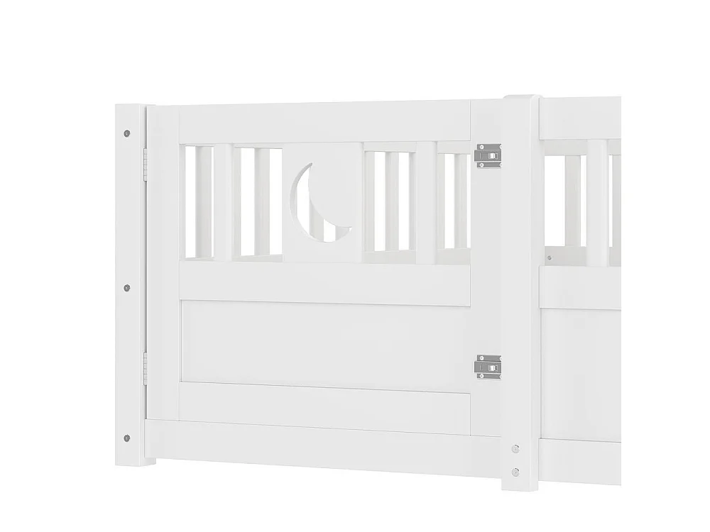 Lit enfant 140x190 cm avec barrières de sécurité, décoration étoiles et lune, verrouillage sécurisé, cadre en pin, blanc
