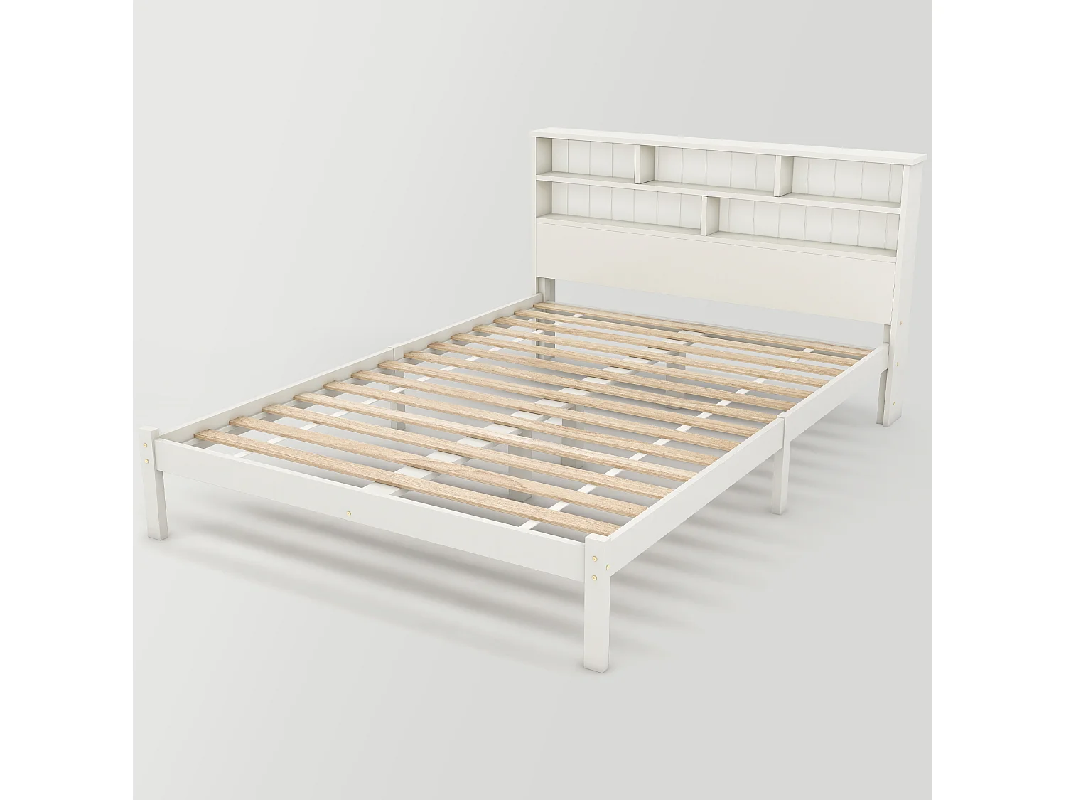 Lit 140x200 cm, lit avec tiroirs et tête de lit en forme de bibliothèque, sans matelas, bois massif blanc