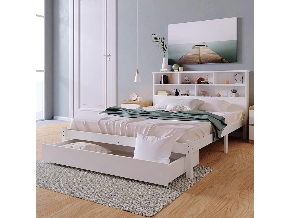 Lit 140x200 cm, lit avec tiroirs et tête de lit en forme de bibliothèque, sans matelas, bois massif blanc