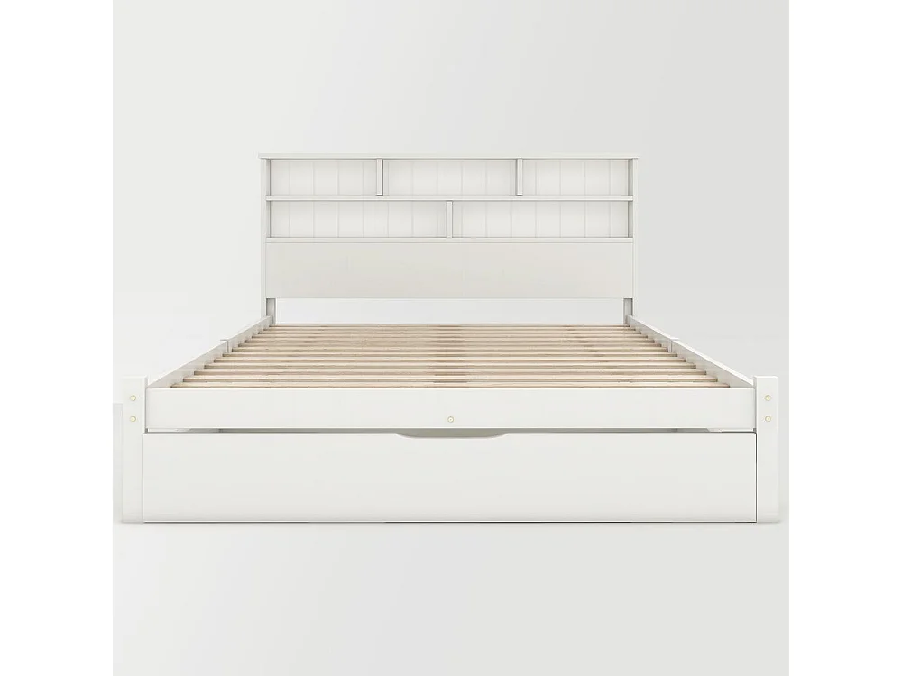 Lit 140x200 cm, lit avec tiroirs et tête de lit en forme de bibliothèque, sans matelas, bois massif blanc