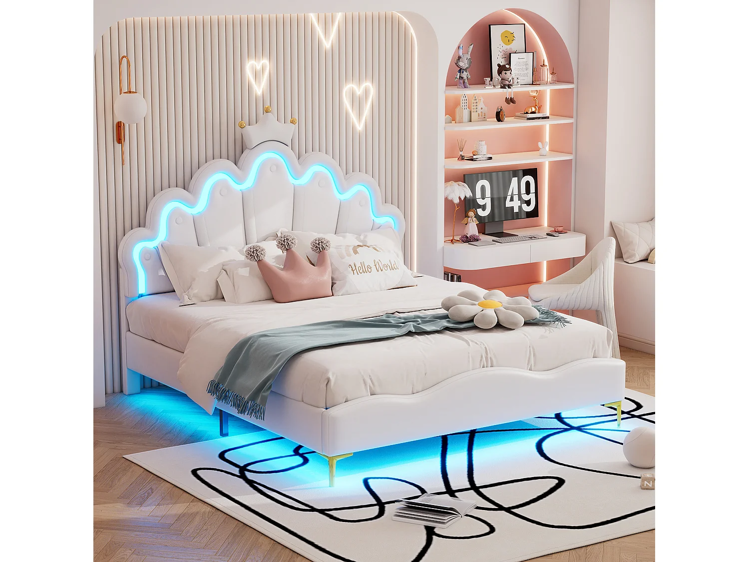 Lit Princesse 140x200 cm avec Couronne Rose et Perles Jaunes, LED Réglable Multicolore, PU Cuir Imperméable, MDF Stable, Blanc