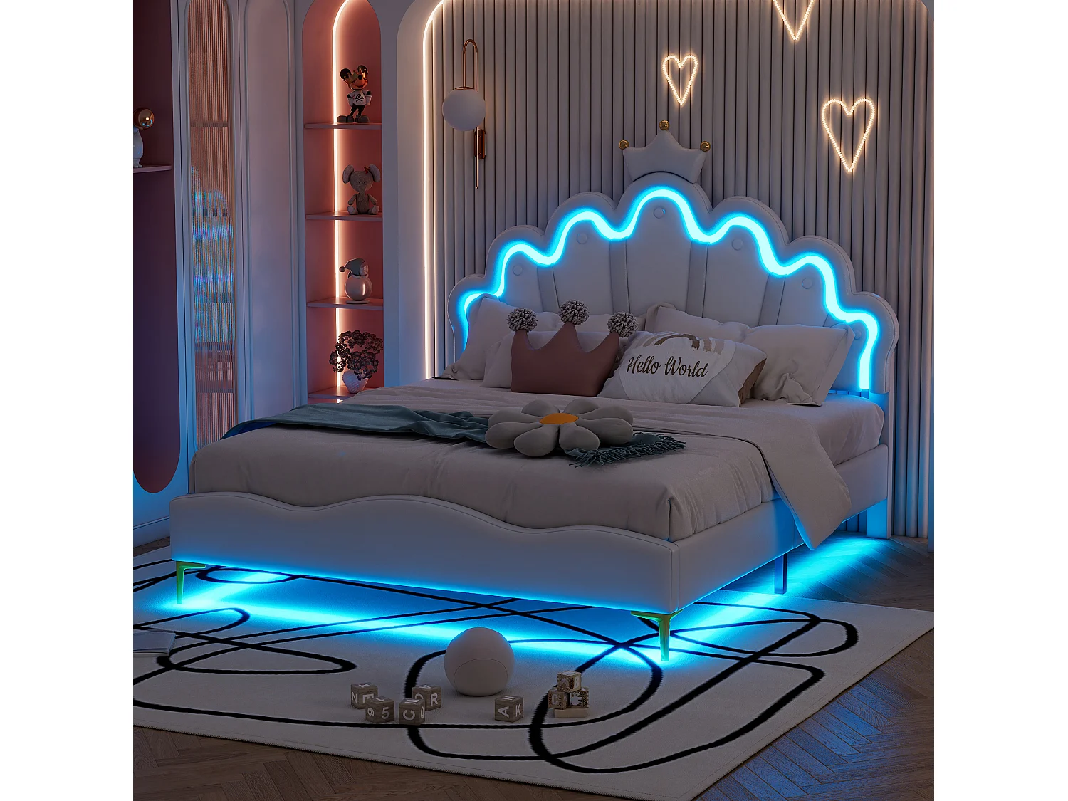 Lit Princesse 140x200 cm avec Couronne Rose et Perles Jaunes, LED Réglable Multicolore, PU Cuir Imperméable, MDF Stable, Blanc