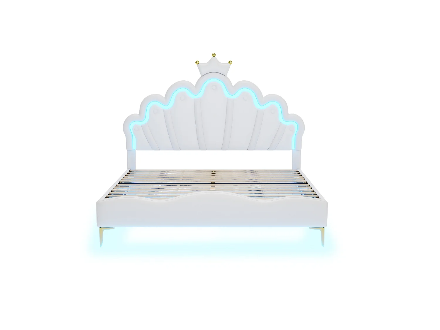 Lit Princesse 140x200 cm avec Couronne Rose et Perles Jaunes, LED Réglable Multicolore, PU Cuir Imperméable, MDF Stable, Blanc