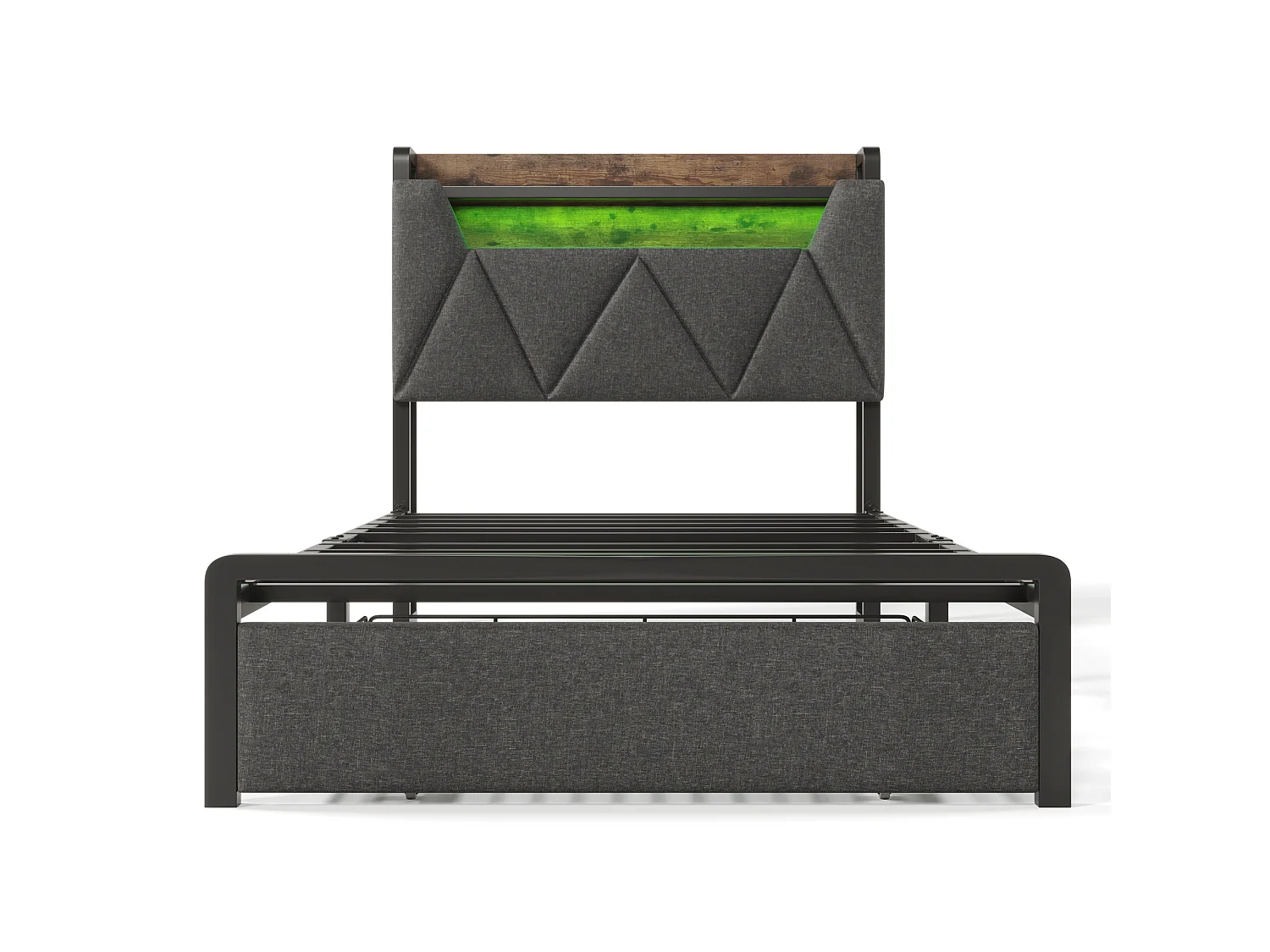 Lit 90x200 cm, USB Type C, LED avec App et Télécommande, Tiroir Coulissant, Tête de Lit avec Rangement, Gris, Sans Matelas