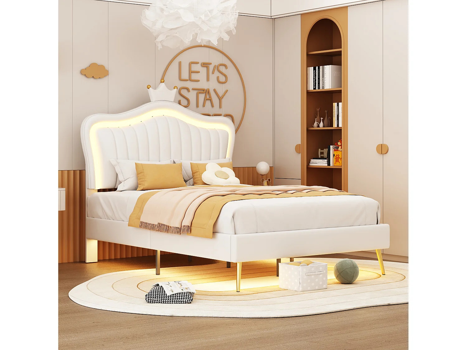 Lit 90x200 cm, Design Couronne, PU, LED 16 Couleurs avec Télécommande, Dossier Réglable, Sommier à Lattes Inclus,Sans Matelas,blanc