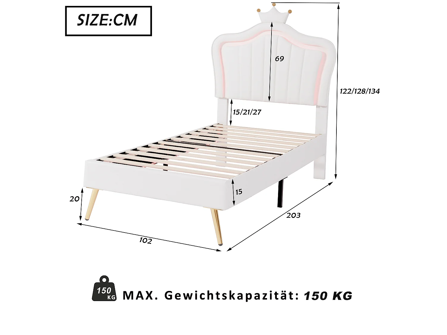 Lit 90x200 cm, Design Couronne, PU, LED 16 Couleurs avec Télécommande, Dossier Réglable, Sommier à Lattes Inclus,Sans Matelas,blanc