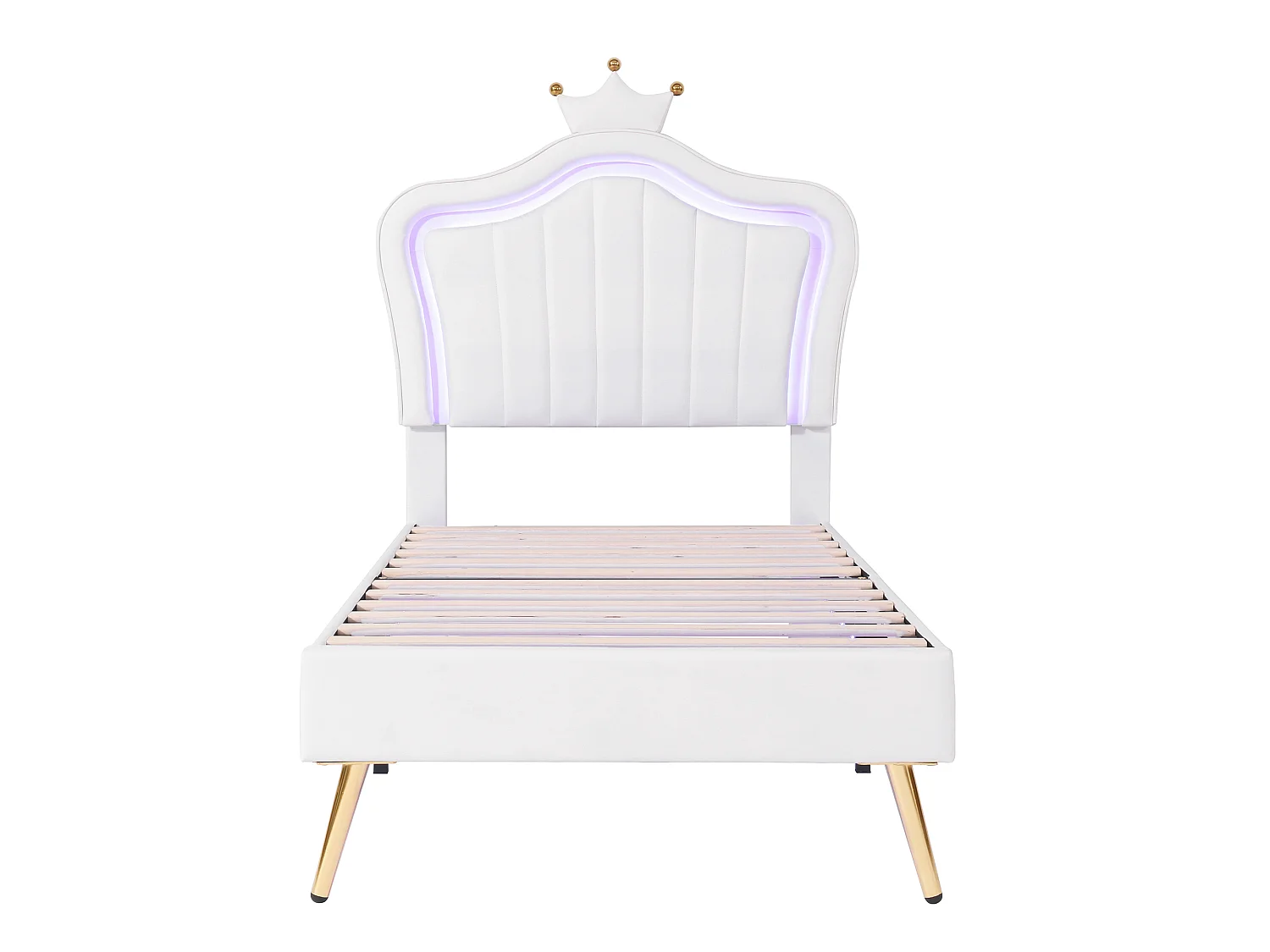 Lit 90x200 cm, Design Couronne, PU, LED 16 Couleurs avec Télécommande, Dossier Réglable, Sommier à Lattes Inclus,Sans Matelas,blanc
