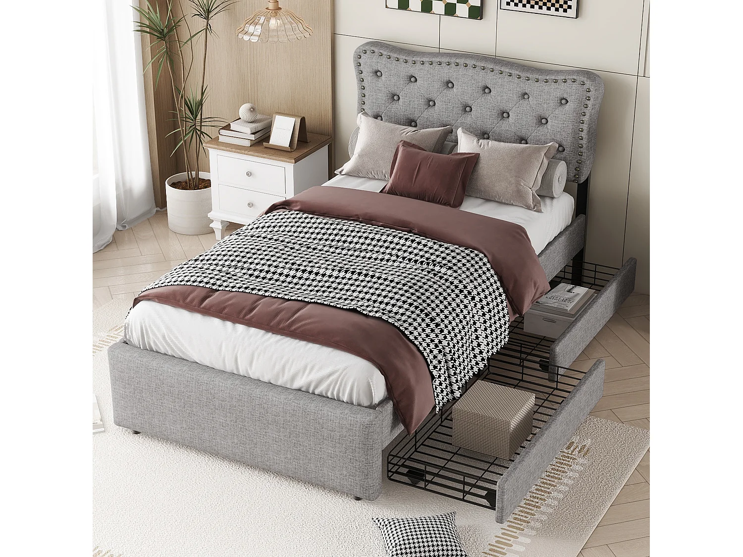 Lit rembourré 90x200 cm gris, tête de lit réglable avec clous décoratifs, 2 tiroirs, revêtement en lin capitonné