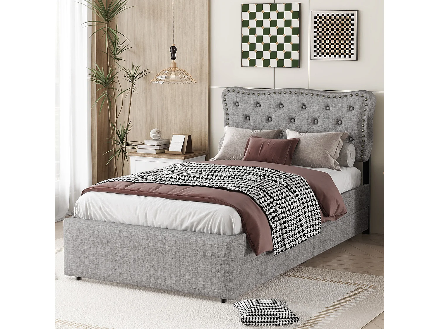 Lit rembourré 90x200 cm gris, tête de lit réglable avec clous décoratifs, 2 tiroirs, revêtement en lin capitonné