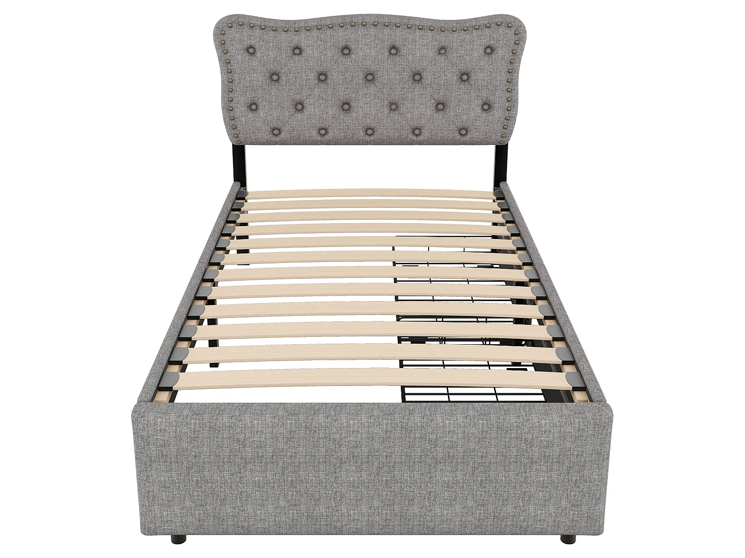 Lit rembourré 90x200 cm gris, tête de lit réglable avec clous décoratifs, 2 tiroirs, revêtement en lin capitonné