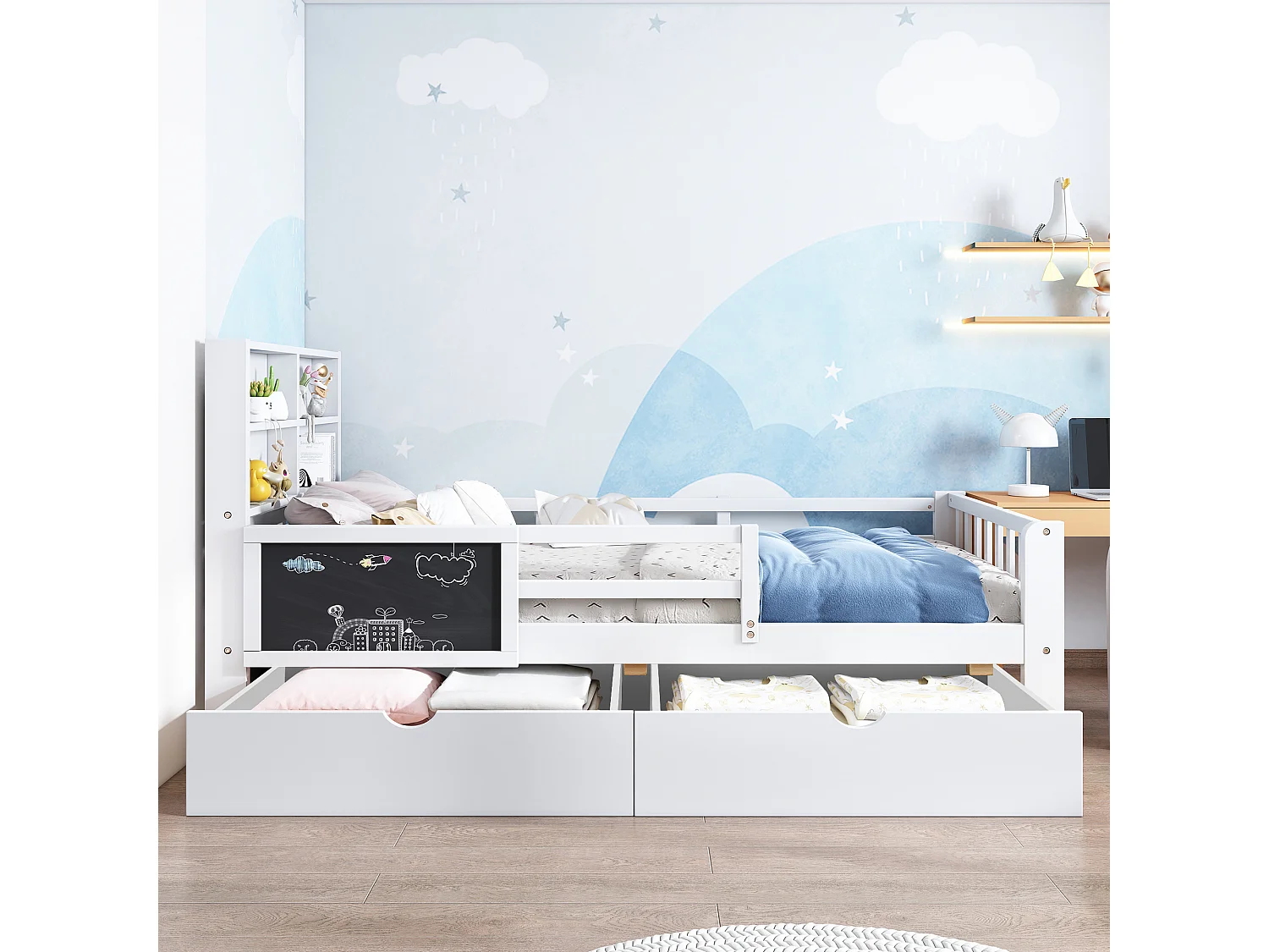 Lit enfant 90x200 cm avec tiroirs et tableau, lit en bois avec sommier à lattes et rangement, sans matelas, blanc