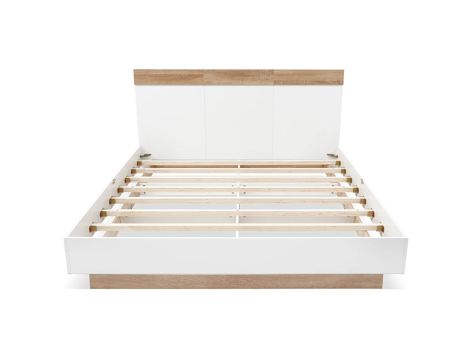 Lit 160x200 cm, lit suspendu effet flottant, en bois 2 tons chêne et blanc, somier inclus, sans matelas