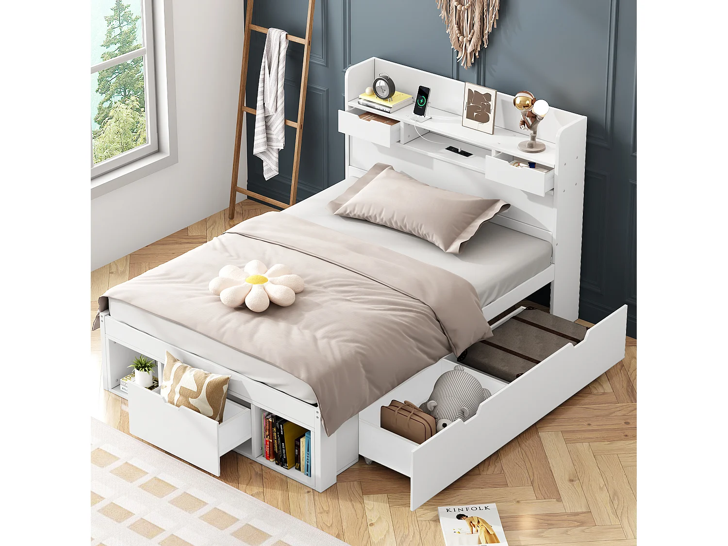 Lit simple 90x200 cm avec USB, tiroirs et armoire de rangement, lit enfant ado multifonction, sans matelas, blanc