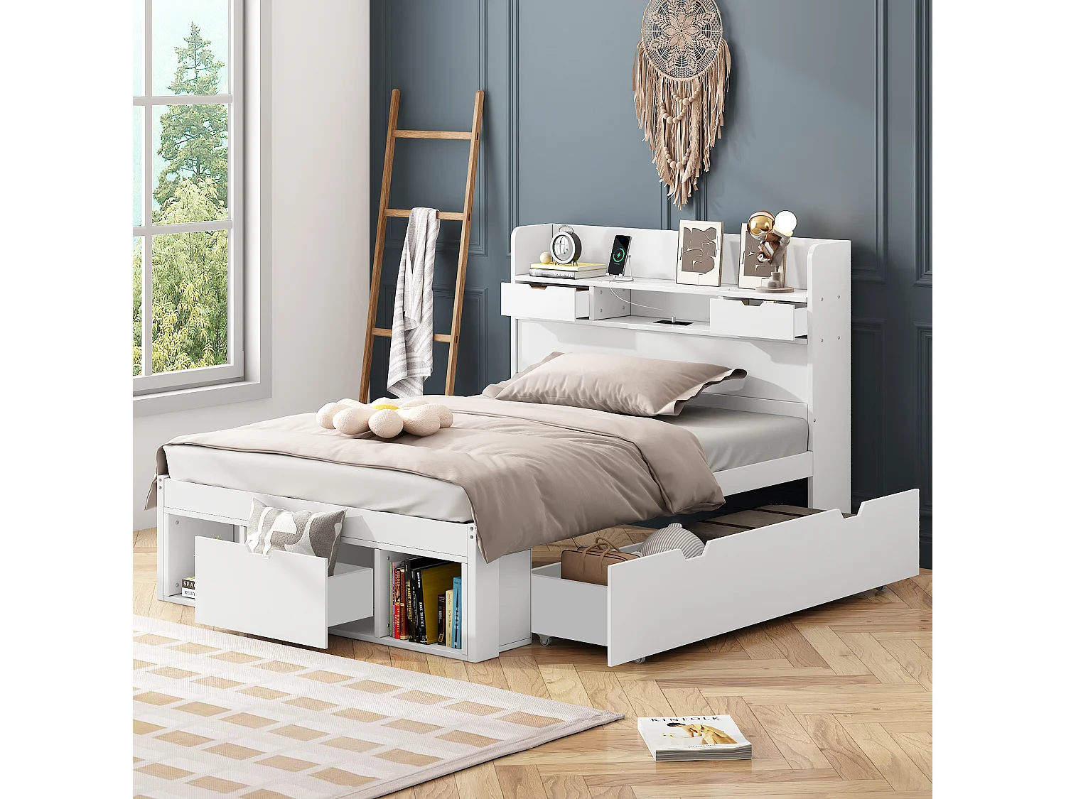 Lit simple 90x200 cm avec USB, tiroirs et armoire de rangement, lit enfant ado multifonction, sans matelas, blanc
