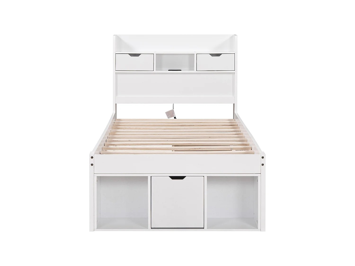 Lit simple 90x200 cm avec USB, tiroirs et armoire de rangement, lit enfant ado multifonction, sans matelas, blanc